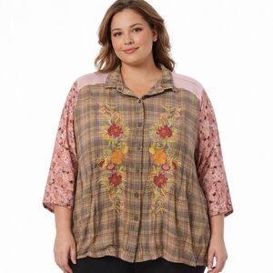 Calessa Tunic Blouse Womens 2X Multi Floral Embroidered Button Front Boho Top